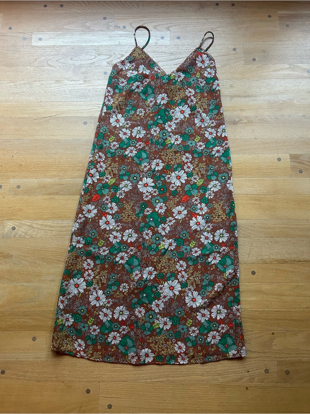Floral Slip Dress with Green & Brown Print